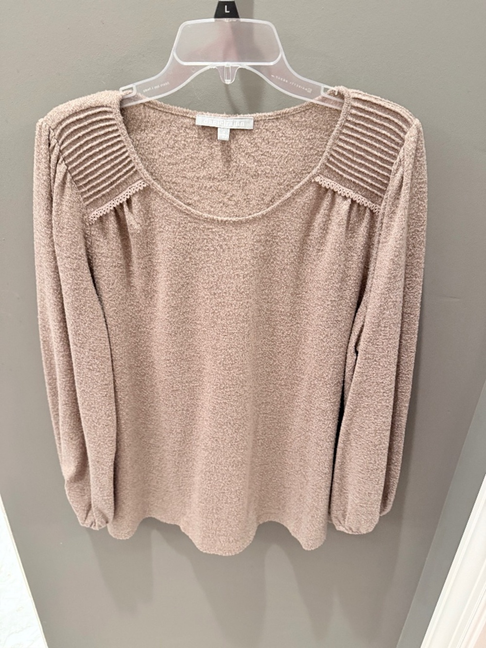 Light brown light weight sweater with 3/4 length sleeves.  Size 1X